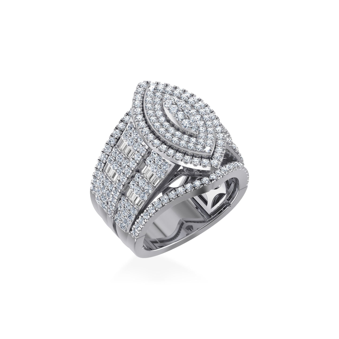 10K White Gold Round Baguette Diamond Marquise Shape Designer Womens Ring Size 7 2 Ctw