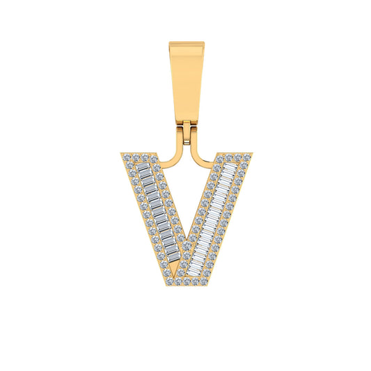 10K Yellow Gold Baguette Diamond Initial V Letter Pendant 1/3 Ctw