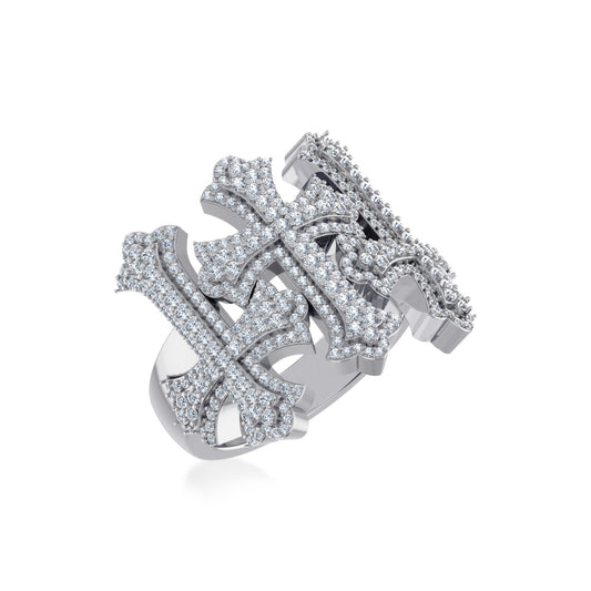 10K White Gold Three Cross Religious Mens Rings 1-3/8 Ctw