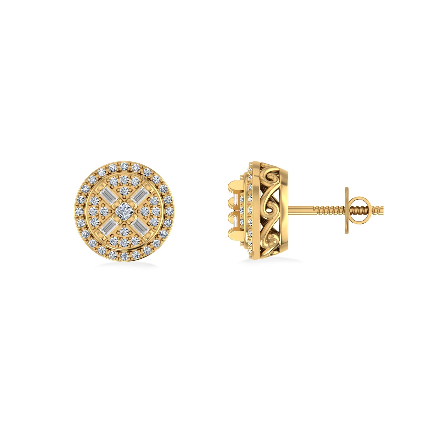 10K Yellow Gold Round Diamond Designer Mens Stud Earring 1/5 Ctw