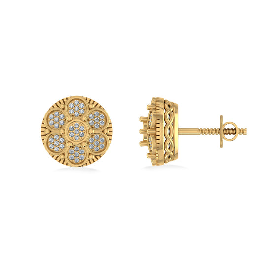 10K Yellow Gold Round Diamond Flower Designer Mens Stud Earring 1/8 Ctw