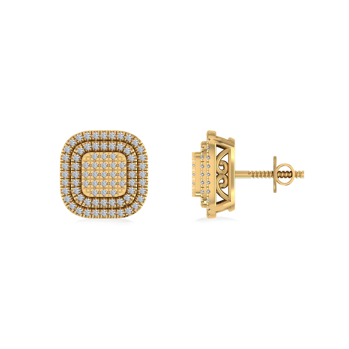 10K Yellow Gold Round Diamond Square Shape Designer Mens Halo Stud Earring 1/3 Ctw