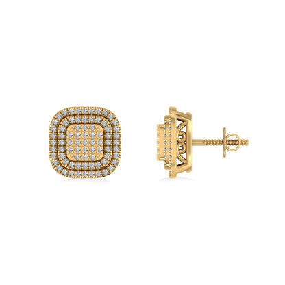 10K Yellow Gold Round Diamond Square Shape Designer Mens Halo Stud Earring 1/3 Ctw