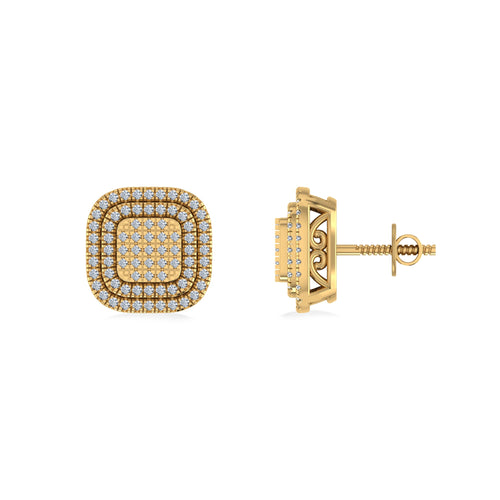 10K Yellow Gold Round Diamond Square Shape Designer Mens Halo Stud Earring 1/3 Ctw