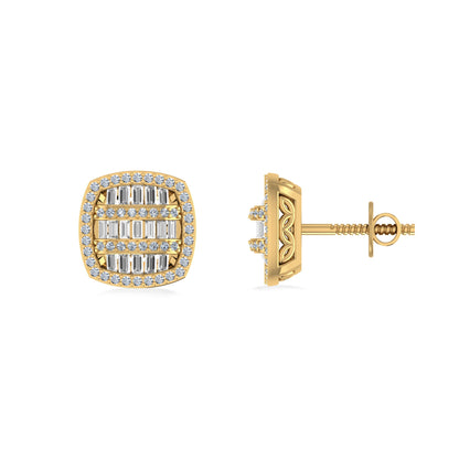 10K Yellow Gold Round Baguette Diamond Designer Halo Mens Stud Earring 1/2 Ctw