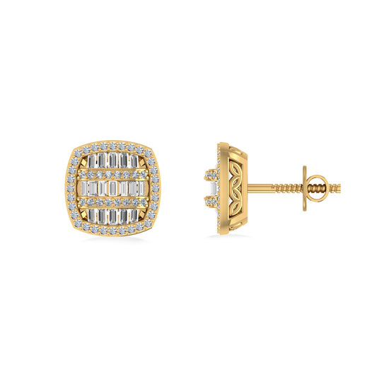 10K Yellow Gold Round Baguette Diamond Designer Halo Mens Stud Earring 1/2 Ctw