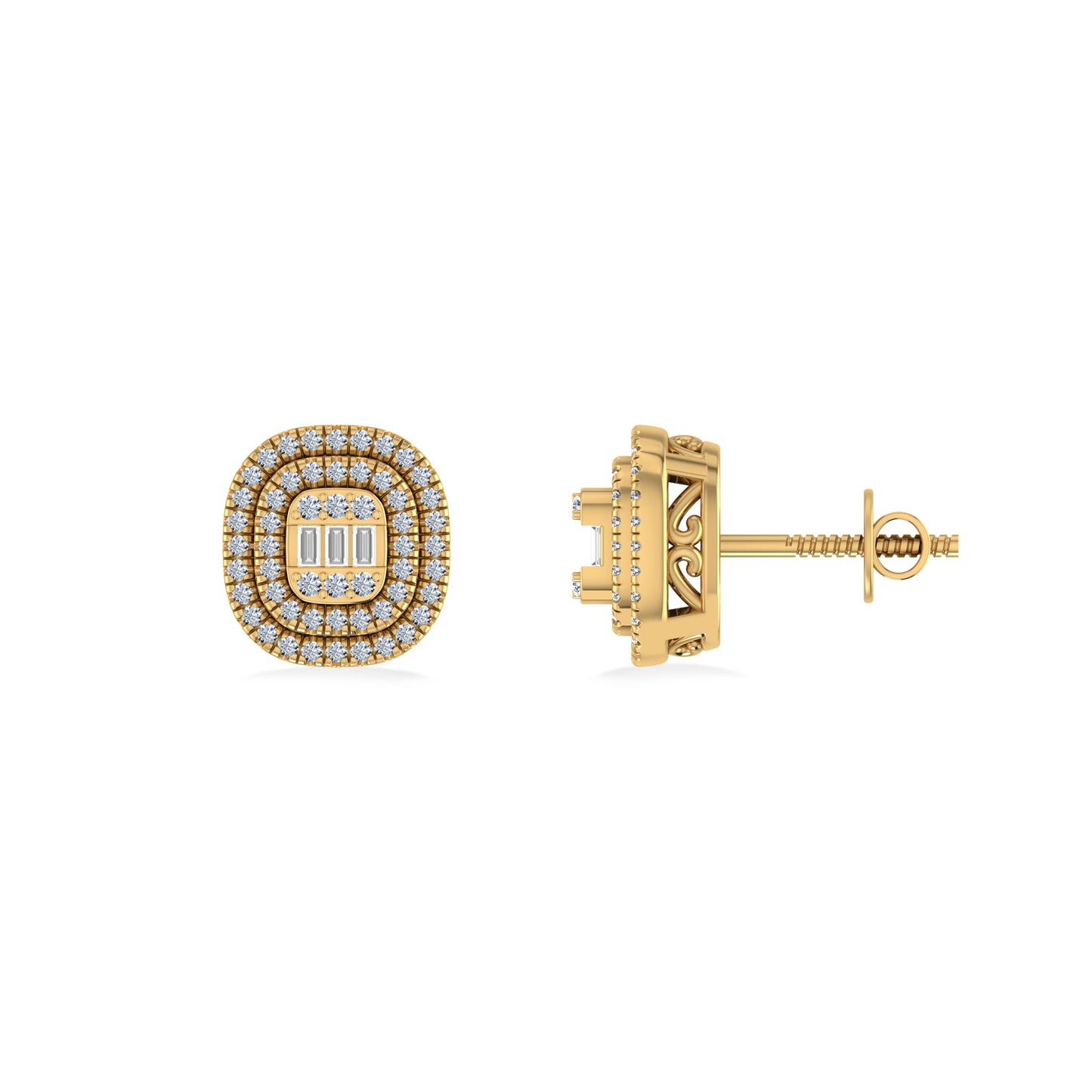 10K Yellow Gold Round Baguette Diamond Square Shape Designer Double Halo Mens Stud Earring 1/4 Ctw