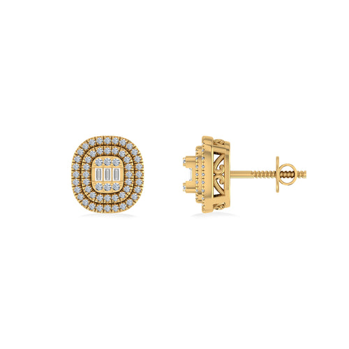 10K Yellow Gold Round Baguette Diamond Square Shape Designer Double Halo Mens Stud Earring 1/4 Ctw