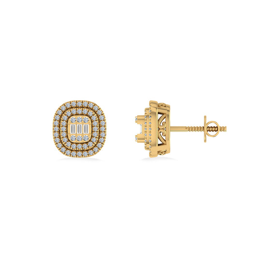 10K Yellow Gold Round Baguette Diamond Square Shape Designer Double Halo Mens Stud Earring 1/4 Ctw