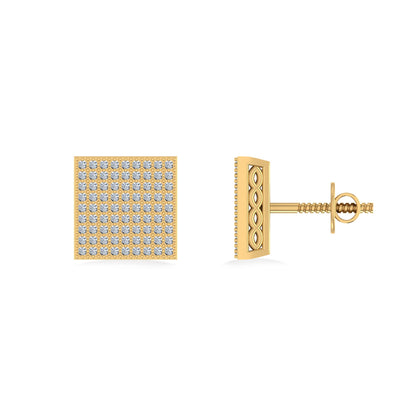 10K Yellow Gold Round Diamond Square Shape Designer Mens Stud Earring 3/8 Ctw