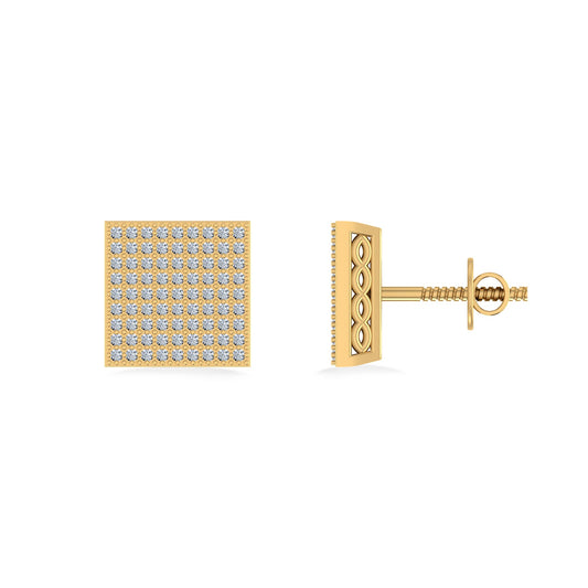 10K Yellow Gold Round Diamond Square Shape Designer Mens Stud Earring 3/8 Ctw