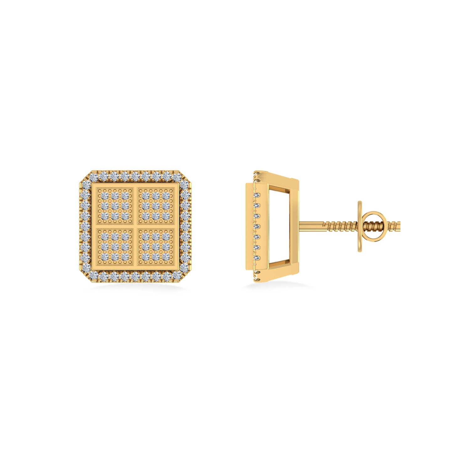 10K Yellow Gold Round Baguette Diamond Square Shape Designer Mens Stud Earring 1/5 Ctw