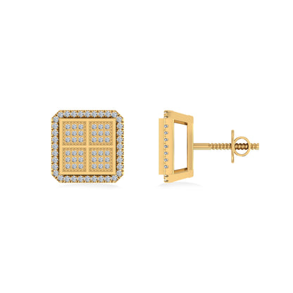 10K Yellow Gold Round Baguette Diamond Square Shape Designer Mens Stud Earring 1/5 Ctw