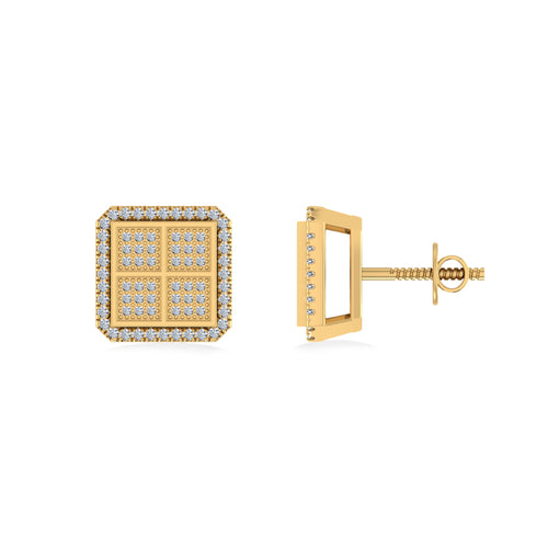 10K Yellow Gold Round Baguette Diamond Square Shape Designer Mens Stud Earring 1/5 Ctw