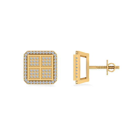 10K Yellow Gold Round Baguette Diamond Square Shape Designer Mens Stud Earring 1/5 Ctw