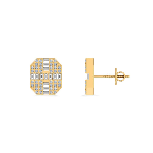 10K Yellow Gold Round Baguette Diamond Designer Mens Stud Earring 1/3 Ctw