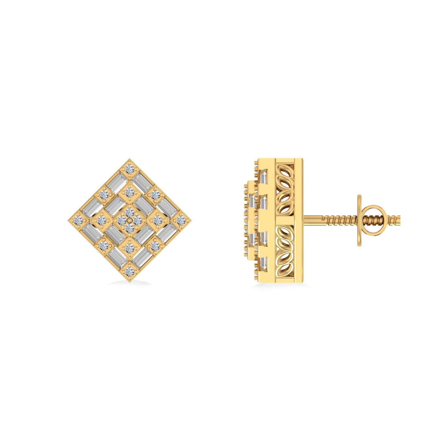 10K Yellow Gold Round Baguette Diamond Square Shape Designer Mens Stud Earring 1/3 Ctw