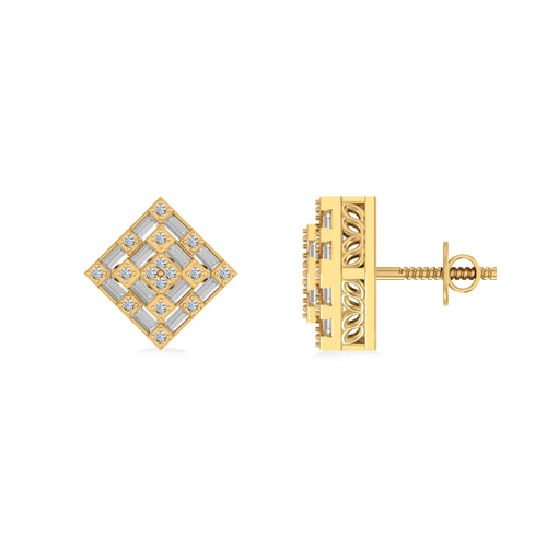 10K Yellow Gold Round Baguette Diamond Square Shape Designer Mens Stud Earring 1/3 Ctw