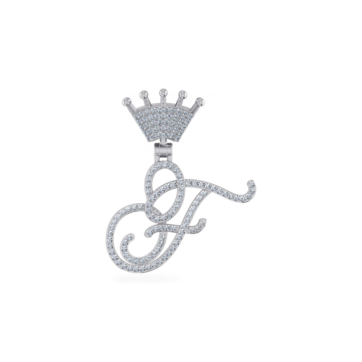 10K White Gold Round Diamond Crown F Letter Initial Pendant 1/4 Ctw
