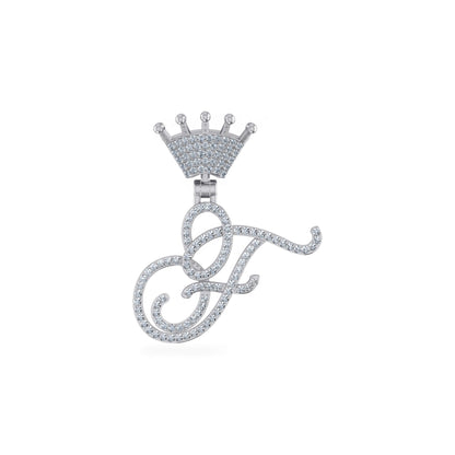 10K White Gold Round Diamond Crown F Letter Initial Pendant 1/4 Ctw
