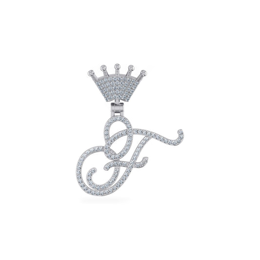 10K White Gold Round Diamond Crown F Letter Initial Pendant 1/4 Ctw