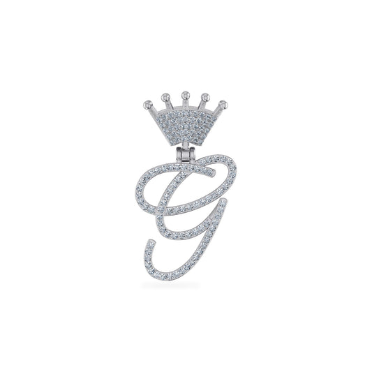 10K White Gold Round Diamond Crown G Letter Initial Pendant 1/5 Ctw