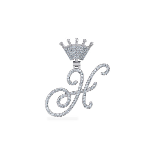 10K White Gold Round Diamond Crown H Letter Initial Pendant 1/4 Ctw