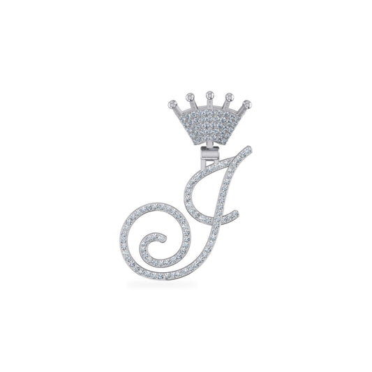 10K White Gold Round Diamond Crown J Letter Initial Pendant 1/5 Ctw