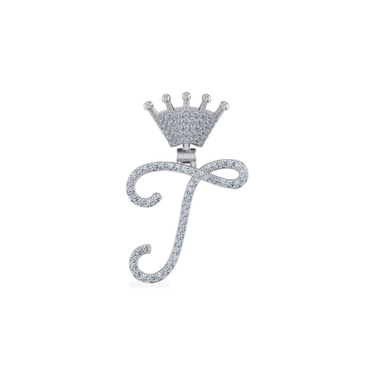 10K White Gold Round Diamond Crown T Letter Initial Pendant 1/5 Ctw