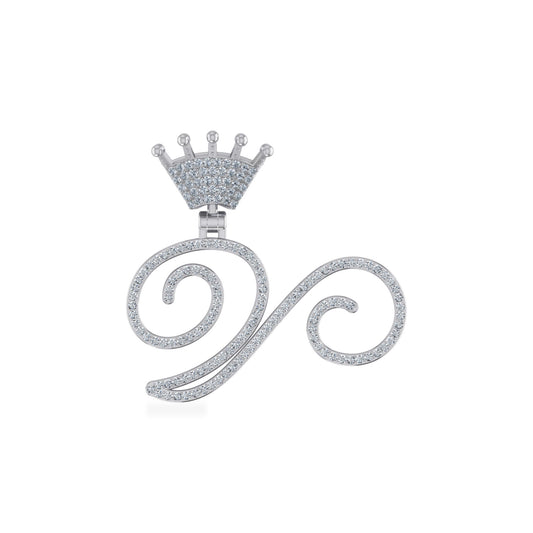 10K White Gold Round Diamond Crown V Letter Initial Pendant 1/4 Ctw