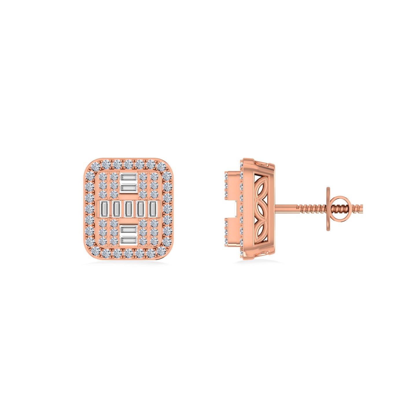 10K Rose Gold Round Baguette Diamond Square Shape Designer Mens Stud Earring 3/8 Ctw