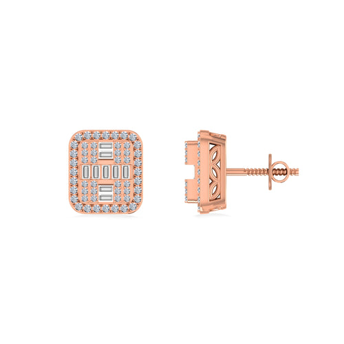 10K Rose Gold Round Baguette Diamond Square Shape Designer Mens Stud Earring 3/8 Ctw