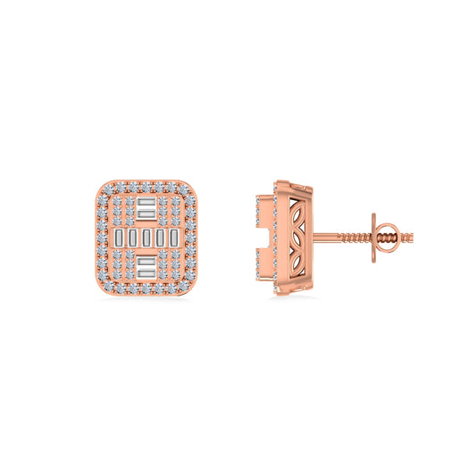 10K Rose Gold Round Baguette Diamond Square Shape Designer Mens Stud Earring 3/8 Ctw