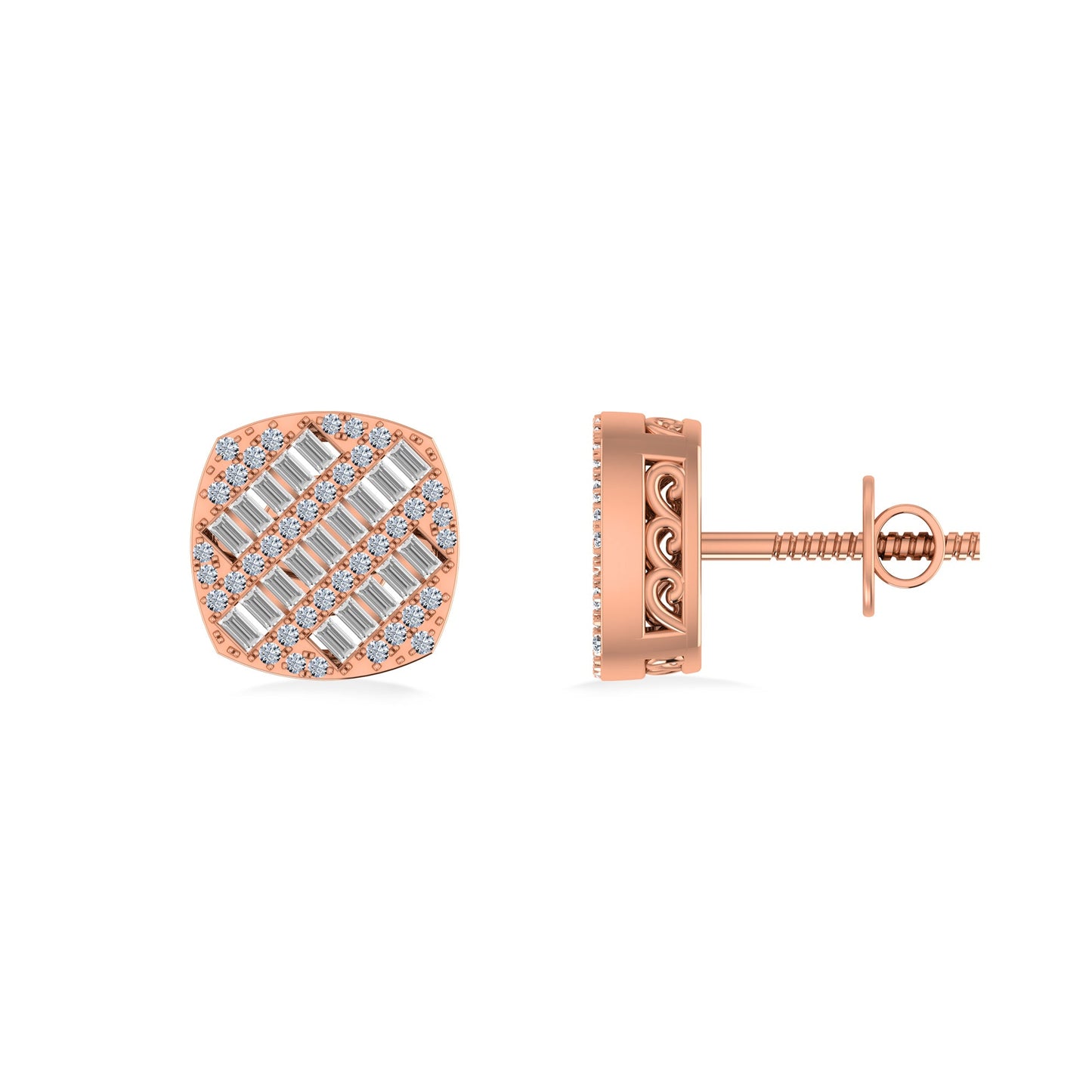 10K Rose Gold Round Baguette Diamond Square Shape Designer Mens Stud Earring 1/3 Ctw