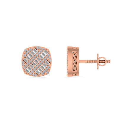 10K Rose Gold Round Baguette Diamond Square Shape Designer Mens Stud Earring 1/3 Ctw