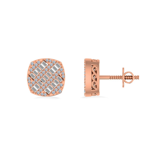 10K Rose Gold Round Baguette Diamond Square Shape Designer Mens Stud Earring 1/3 Ctw