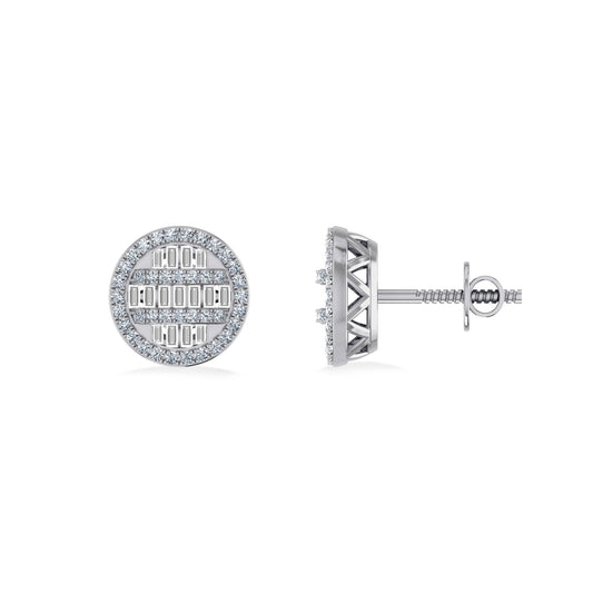 10K White Gold Round Baguette Diamond Designer Mens Stud Earring 3/8 Ctw
