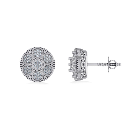 10K White Gold Round Diamond Flower Designer Mens Stud Earring 1/8 Ctw