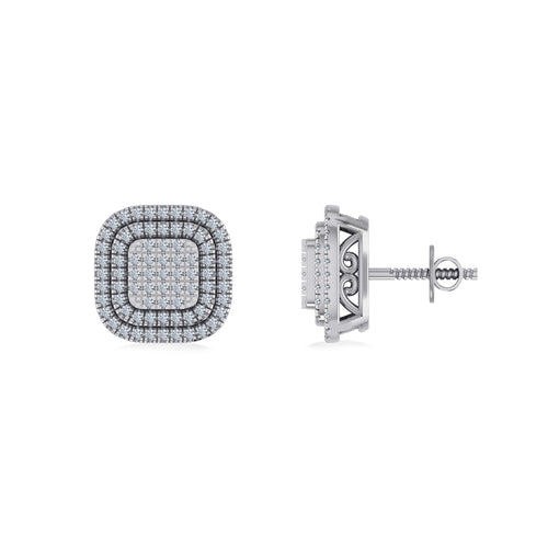 10K White Gold Round Diamond Square Shape Designer Mens Halo Stud Earring 1/3 Ctw