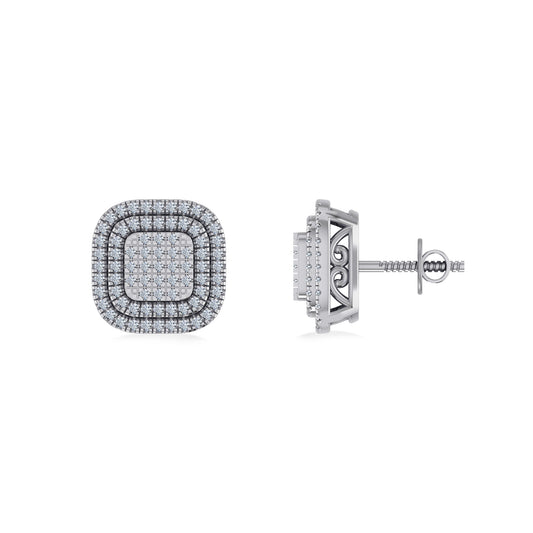 10K White Gold Round Diamond Square Shape Designer Mens Halo Stud Earring 1/3 Ctw