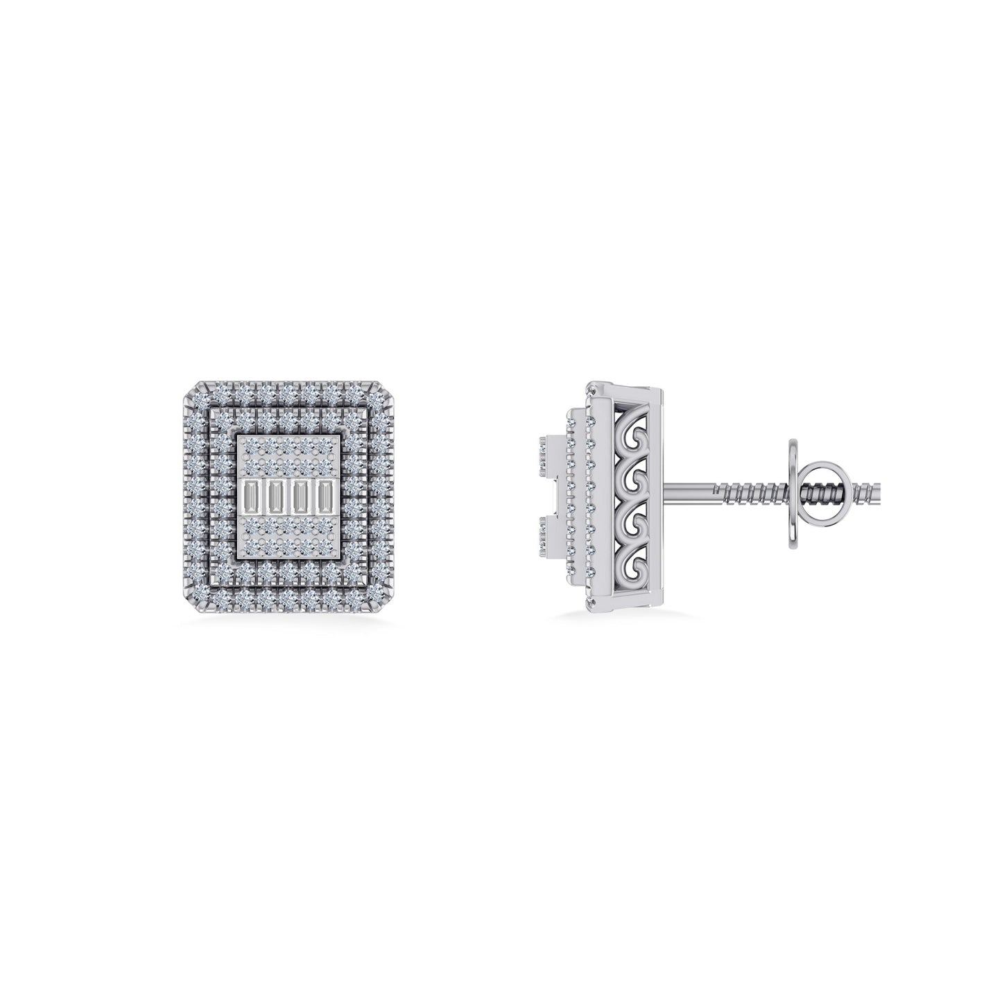 10K White Gold Round Baguette Diamond Square Shape Designer Mens Stud Earring 3/8 Ctw