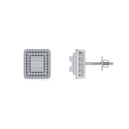 10K White Gold Round Baguette Diamond Square Shape Designer Mens Stud Earring 3/8 Ctw