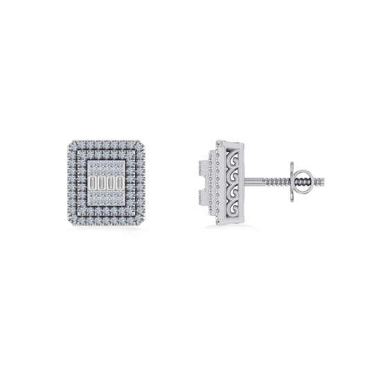 10K White Gold Round Baguette Diamond Square Shape Designer Mens Stud Earring 3/8 Ctw