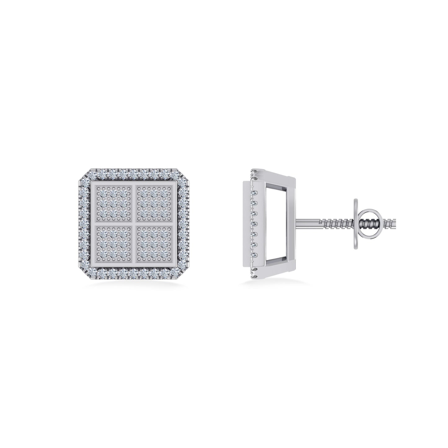 10K White Gold Round Baguette Diamond Square Shape Designer Mens Stud Earring 1/5 Ctw