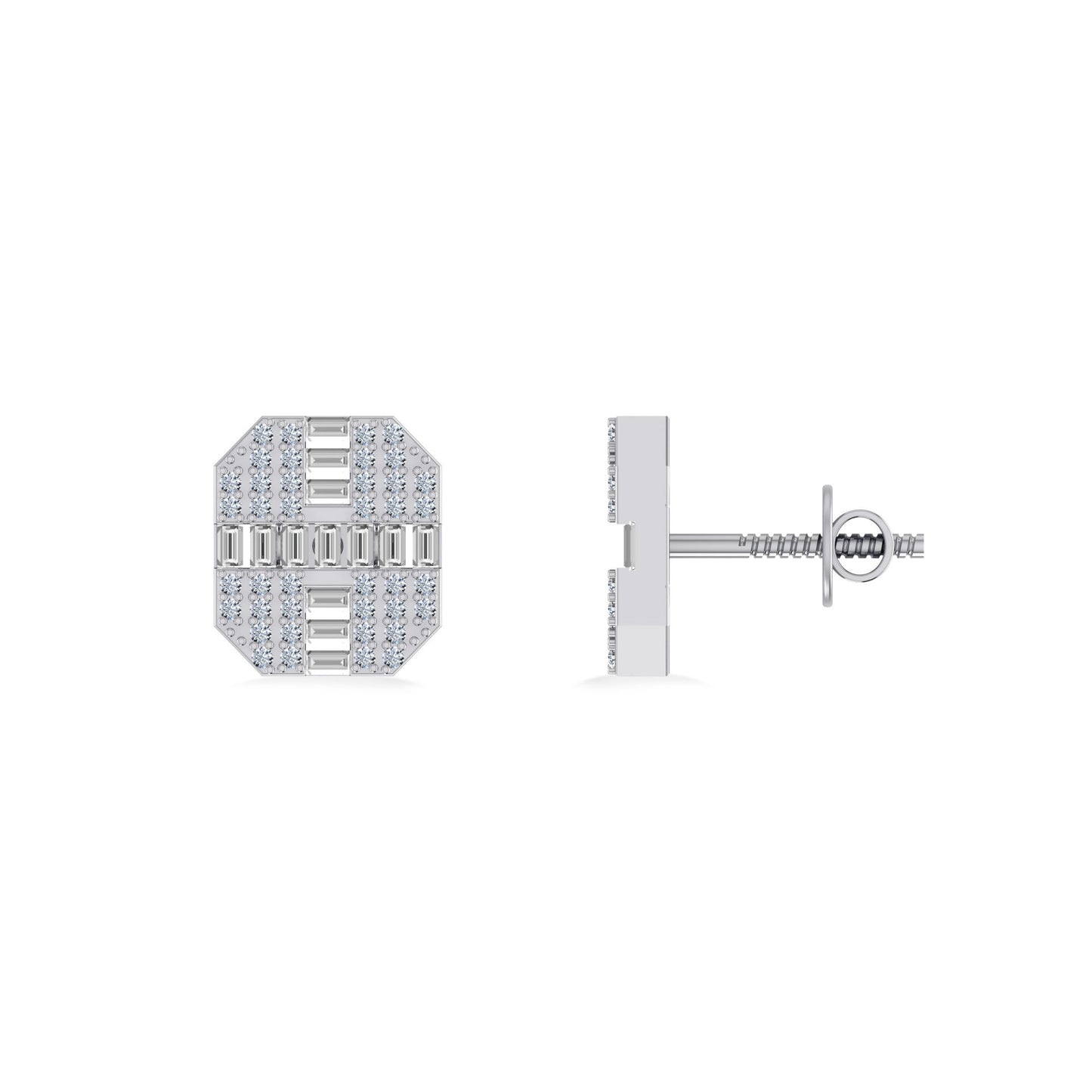 10K White Gold Round Baguette Diamond Designer Mens Stud Earring 1/3 Ctw