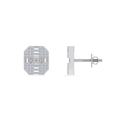 10K White Gold Round Baguette Diamond Designer Mens Stud Earring 1/3 Ctw