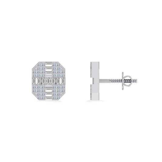10K White Gold Round Baguette Diamond Designer Mens Stud Earring 1/3 Ctw