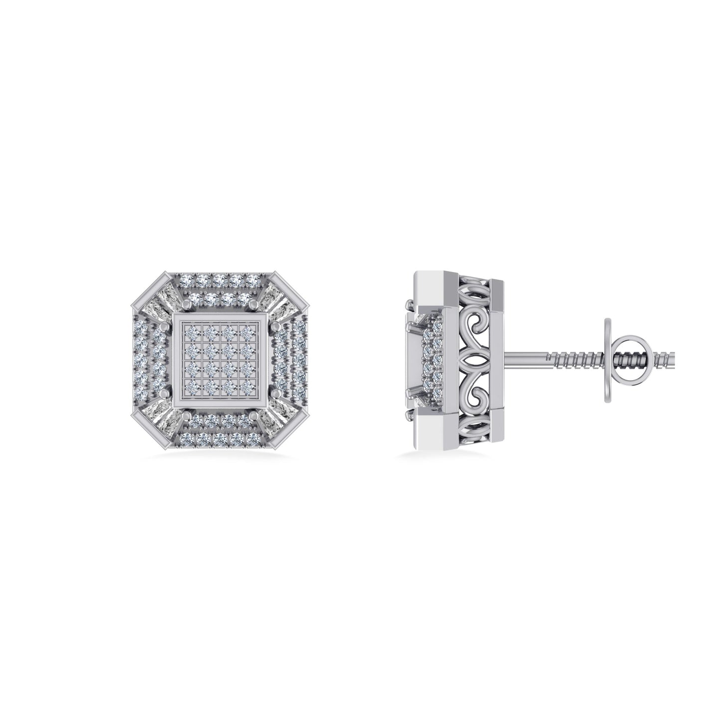 10K White Gold Round Baguette Diamond Designer Mens Stud Earring 1/4 Ctw