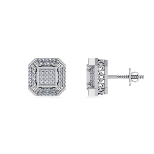 10K White Gold Round Baguette Diamond Designer Mens Stud Earring 1/4 Ctw