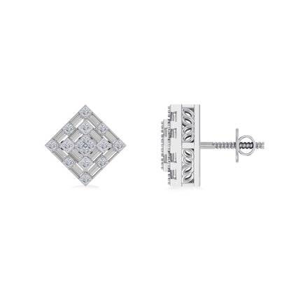 10K White Gold Round Baguette Diamond Square Shape Designer Mens Stud Earring 1/3 Ctw